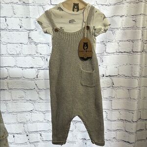 Rabbit 💜Bear Organic Cozy Gray Knit Overalls with Ribbed Texture